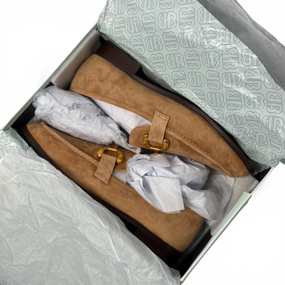 NIB Bibi Lou Zagreb Loafer Suede Gold Horsebit 41/10-10.5 Camel Anthropologie